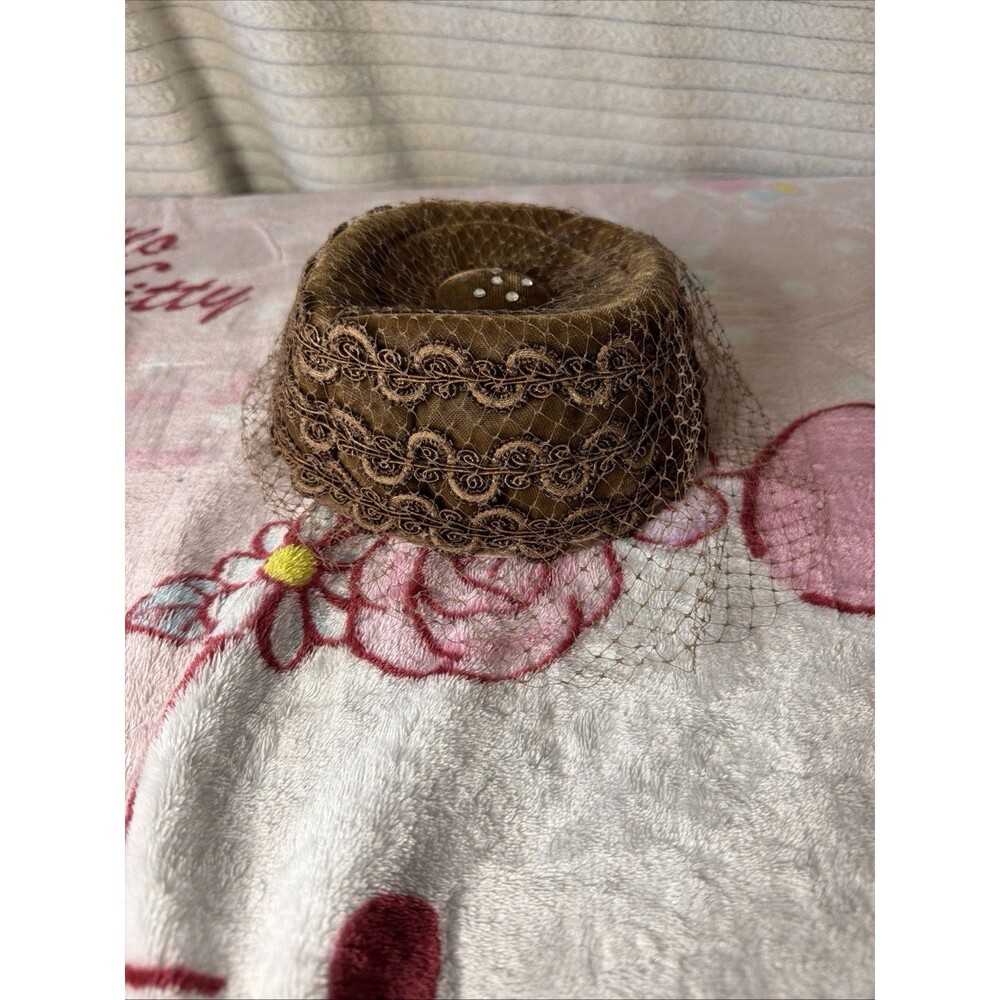 Vintage 50s /60s Brown Velvet Pillbox Hat with Tiered Lace Trim & Birdcage Veil